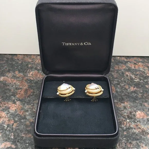 Tiffany & Co. 18K Yellow Gold Platinum Schlumberger Mabe Pearl Diamond Earrings - Picture 6 of 6
